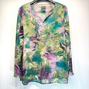 Chico’s Additions Beaded Sequined Sheer Animal Print Tunic Top Long Sleeves 1/M